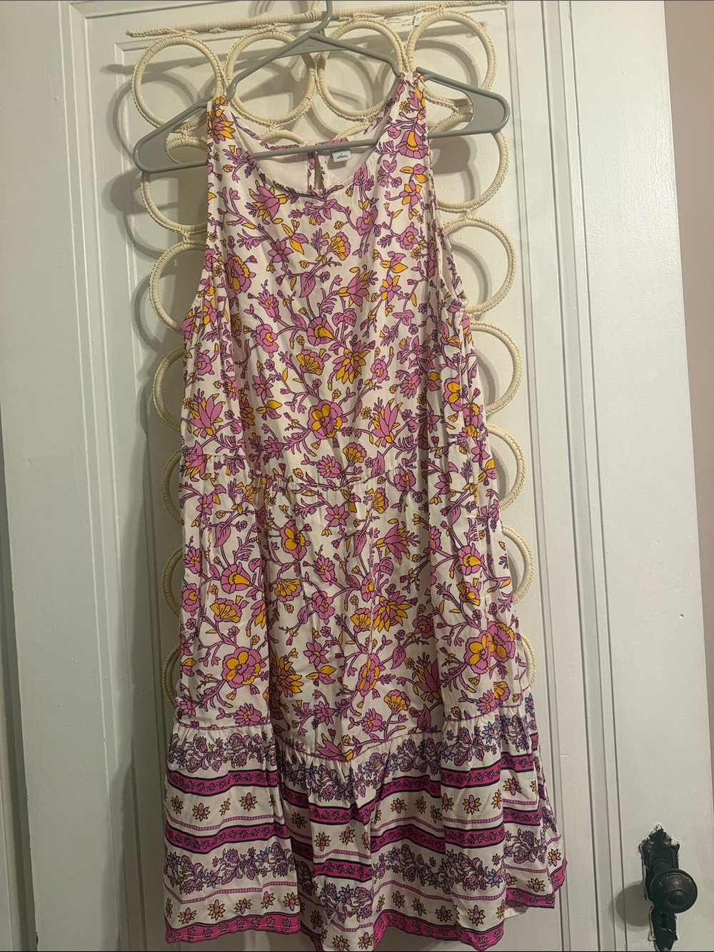 Old Navy Cream Midi Dress with Pink & Yellow Floral Print